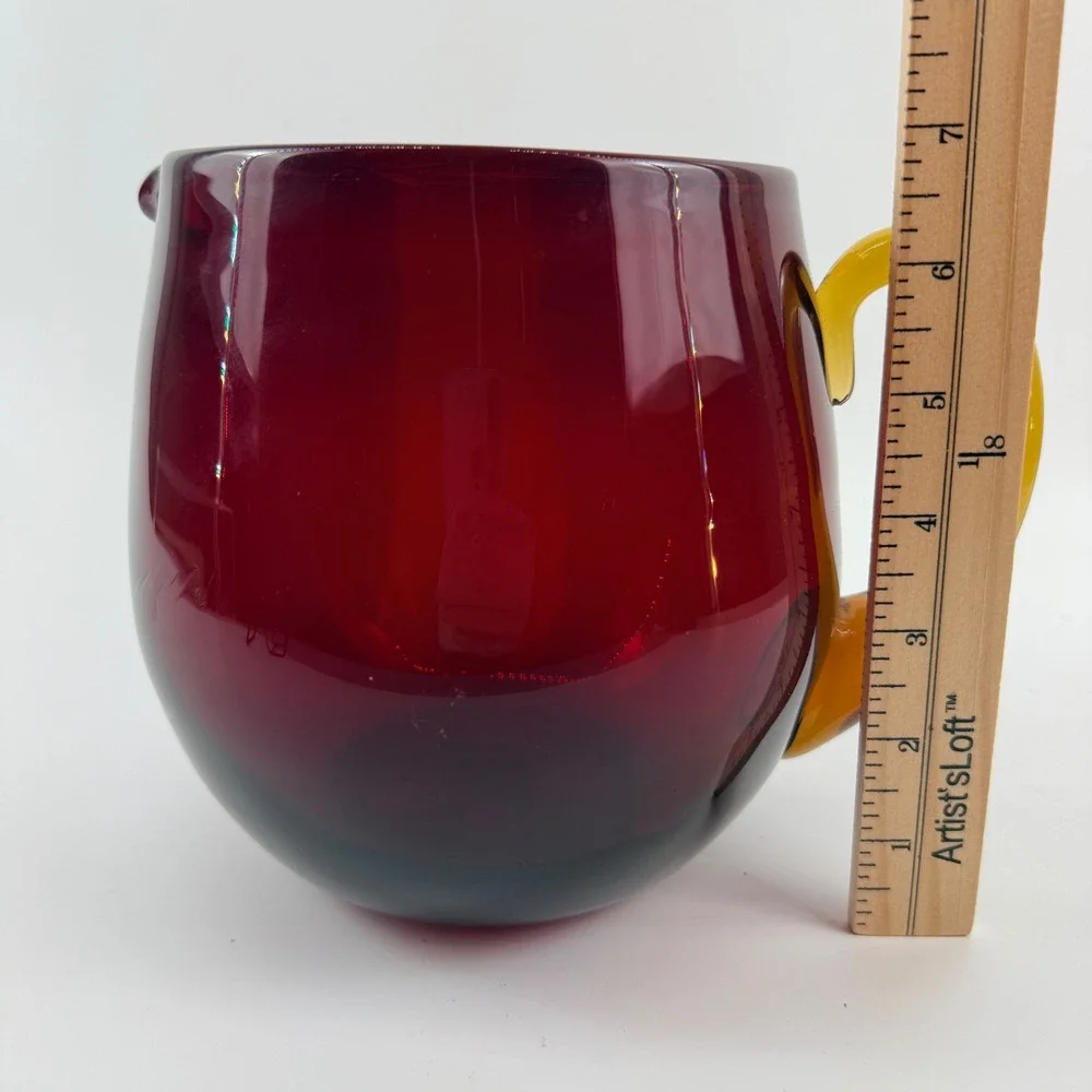 Vintage‎ Hand Blown Ruby Red Glass Pitcher Applied Amber Handle Mid Century